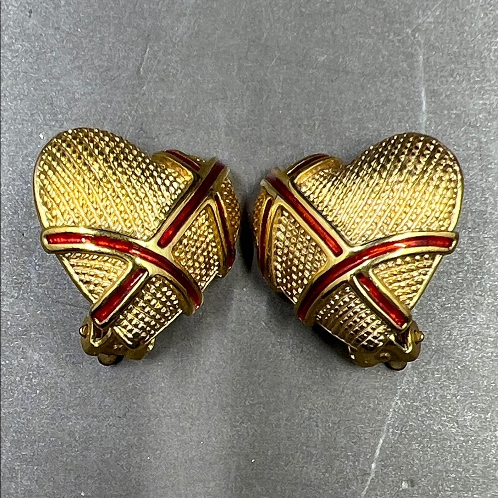Vintage Retired GARNAY Gold Tone Heart Earrings w/ Red Enamel Ribbon Accents